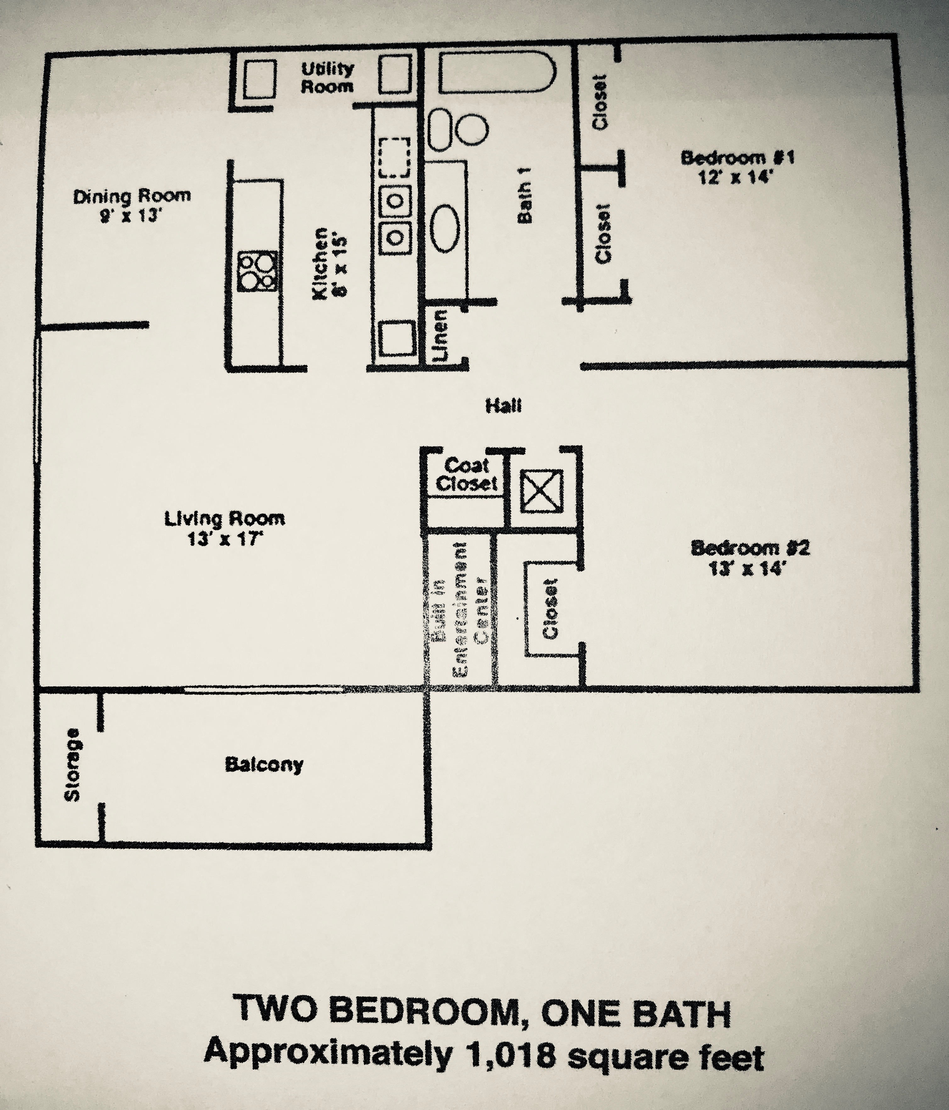 Floor plan for 2 beds, 1 bath, 1018 sqft